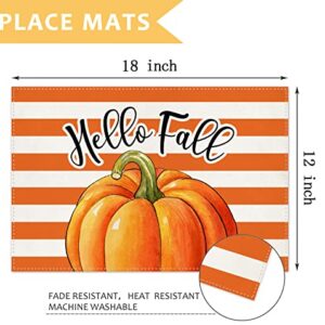 Fall Pumpkin Gnomes Placemats for Dining Table, 12 x 18 Inch Autumn Sunflower Bicycle Thanksgiving Seasonal Holiday Decoration Rustic Washable Table Mats Set of 4