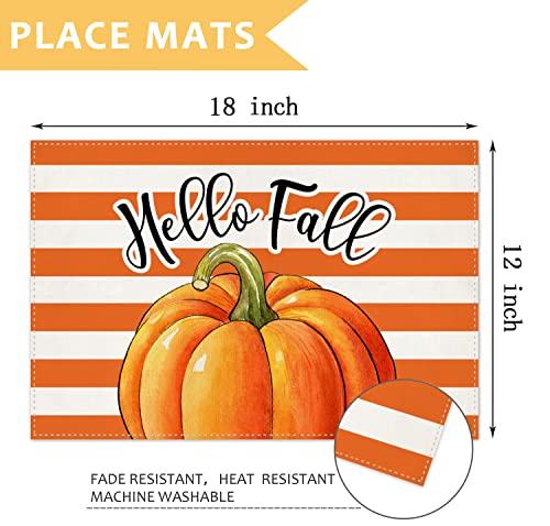 Fall Pumpkin Gnomes Placemats for Dining Table, 12 x 18 Inch Autumn Sunflower Bicycle Thanksgiving Seasonal Holiday Decoration Rustic Washable Table Mats Set of 4