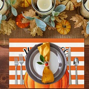 Fall Pumpkin Gnomes Placemats for Dining Table, 12 x 18 Inch Autumn Sunflower Bicycle Thanksgiving Seasonal Holiday Decoration Rustic Washable Table Mats Set of 4