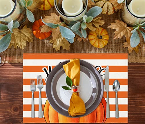 Fall Pumpkin Gnomes Placemats for Dining Table, 12 x 18 Inch Autumn Sunflower Bicycle Thanksgiving Seasonal Holiday Decoration Rustic Washable Table Mats Set of 4