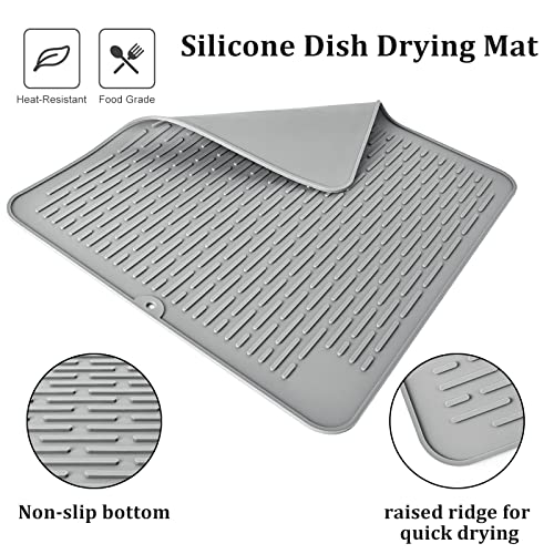 Elyum Dish Drying Mat, Silicone Drying Mat Heat Resistant Dish Mat Easy Clean Drying Mats for Kitchen Counter Non-Slip Kitchen Drying Mat (18" x 16'' , Gray)