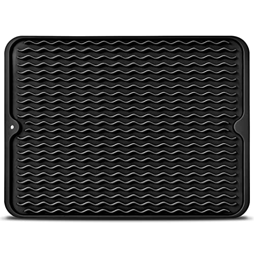 Elyum Dish Drying Mat, Silicone Drying Mat Heat Resistant Dish Mat Non-Slip Easy Clean Drying Mats for Kitchen Counter Sink(16" x 12'', Black)
