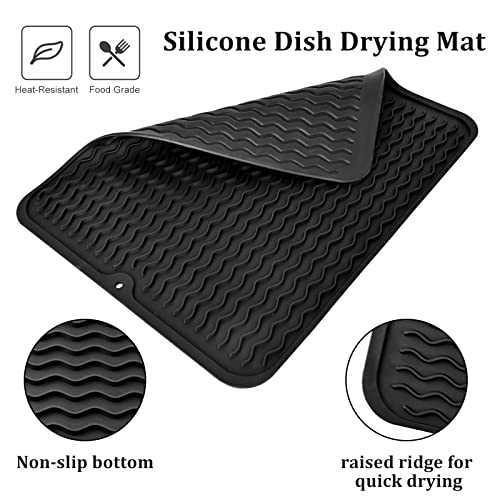 Elyum Dish Drying Mat, Silicone Drying Mat Heat Resistant Dish Mat Non-Slip Easy Clean Drying Mats for Kitchen Counter Sink(16" x 12'', Black)