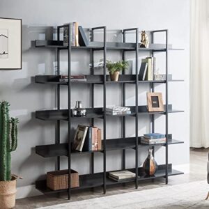 kivenjaja triple wide 5-tier bookshelf, industrial display bookcase with metal frame, tall open storage book shelves for bedroom, living room, home office (black)
