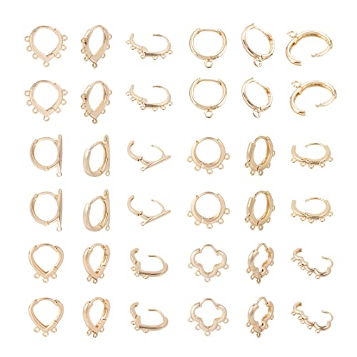 Craftdady 12 Pairs Huggie Hoop Earring Findings 14K Gold Plated Brass Hoop Earrings with Multi Loops Circle Teardrop Flower Leverback Ear Wires Components for DIY Earrings