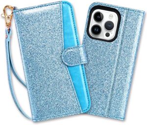 coolwee wallet case compatible iphone 13 pro max flip folio cover with card slots kickstand design wrist strap girls women glitter pu leather compatible with apple iphone 13 pro max blue glitter