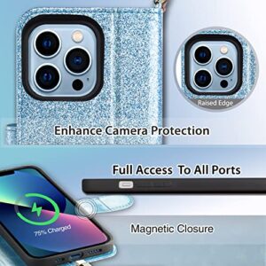 Coolwee Wallet Case Compatible iPhone 13 Pro Max Flip Folio Cover with Card Slots Kickstand Design Wrist Strap Girls Women Glitter PU Leather Compatible with Apple iPhone 13 Pro Max Blue Glitter