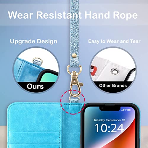 Coolwee Wallet Case Compatible iPhone 13 Pro Max Flip Folio Cover with Card Slots Kickstand Design Wrist Strap Girls Women Glitter PU Leather Compatible with Apple iPhone 13 Pro Max Blue Glitter