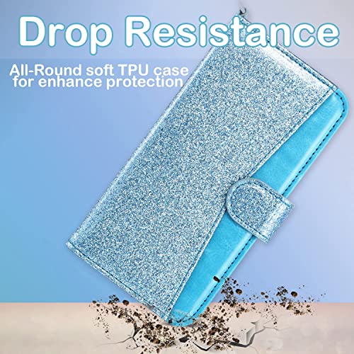 Coolwee Wallet Case Compatible iPhone 13 Pro Max Flip Folio Cover with Card Slots Kickstand Design Wrist Strap Girls Women Glitter PU Leather Compatible with Apple iPhone 13 Pro Max Blue Glitter
