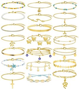 if you 20 pcs gold ankle bracelets set for women girls, boho colorful beach beaded chain anklet bracelet, starfish turtle adjustable anklet foot jewelry.