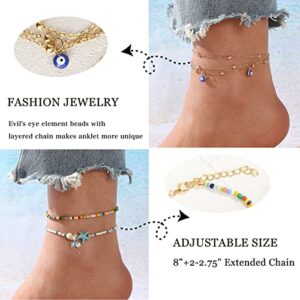 iF YOU 20 Pcs Gold Ankle Bracelets Set for Women Girls, Boho Colorful Beach Beaded Chain Anklet Bracelet, Starfish Turtle Adjustable Anklet Foot Jewelry.