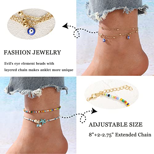 iF YOU 20 Pcs Gold Ankle Bracelets Set for Women Girls, Boho Colorful Beach Beaded Chain Anklet Bracelet, Starfish Turtle Adjustable Anklet Foot Jewelry.