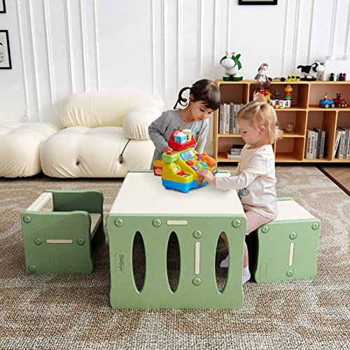 BanaSuper Kid's Table and 2 Chairs Set Plastic Activity Table for Toddlers Children Desk Ideal for Arts & Crafts Snack Time Homeschooling Homework Gift for Boy & Girl(Green with 2 Chairs Set)