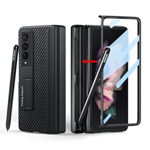 [updated version] libeagle compatible with samsung galaxy z fold 3 case [built in hidden s pen holder to avoid pen lost][leather on back][screen protector][hinge protection] cover 5g 2021-carbon fiber