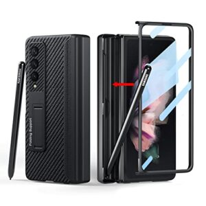 [Updated Version] Libeagle Compatible with Samsung Galaxy Z Fold 3 Case [Built in Hidden S Pen Holder to Avoid Pen Lost][Leather on Back][Screen Protector][Hinge Protection] Cover 5G 2021-Carbon fiber