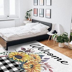 Indoor Area Rugs Thanksgiving Sunflower Pumpkin Leaf Non-Slip Floor Mats Plaid Black White Rectangular Carpet Soft Washable Rugs for Living Room/Bedroom/Hallway Home Decor - 5x8 Feet