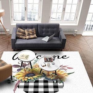 Indoor Area Rugs Thanksgiving Sunflower Pumpkin Leaf Non-Slip Floor Mats Plaid Black White Rectangular Carpet Soft Washable Rugs for Living Room/Bedroom/Hallway Home Decor - 5x8 Feet