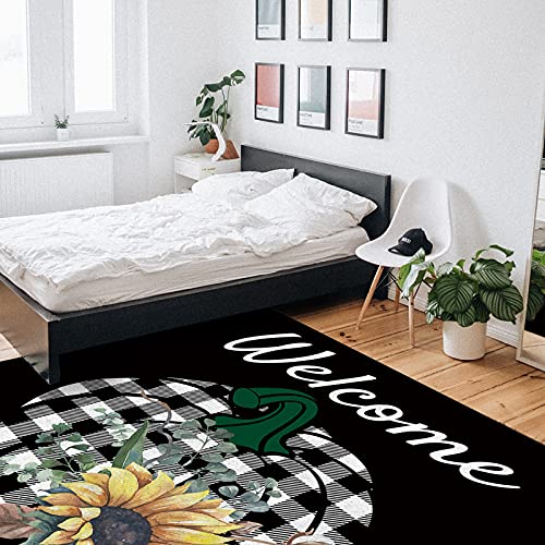 Indoor Area Rugs Thanksgiving Pumpkin Sunflower Non-Slip Floor Mats Plaid Black Rectangular Carpet Soft Washable Rugs for Living Room/Bedroom/Hallway Home Decor - 2x3 Feet