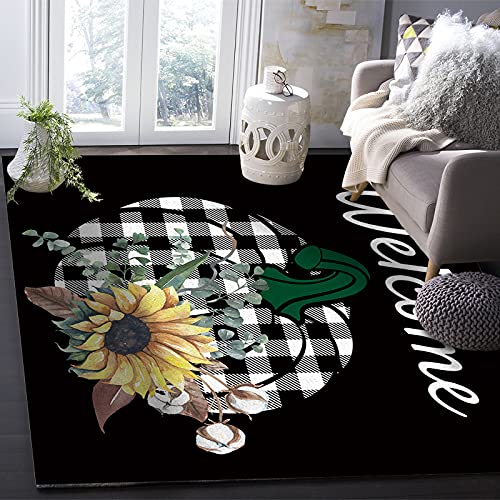 Indoor Area Rugs Thanksgiving Pumpkin Sunflower Non-Slip Floor Mats Plaid Black Rectangular Carpet Soft Washable Rugs for Living Room/Bedroom/Hallway Home Decor - 2x3 Feet