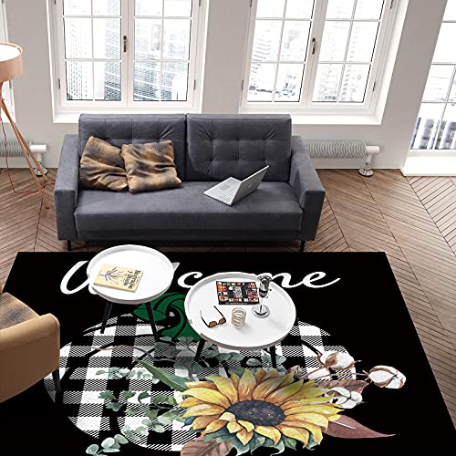 Indoor Area Rugs Thanksgiving Pumpkin Sunflower Non-Slip Floor Mats Plaid Black Rectangular Carpet Soft Washable Rugs for Living Room/Bedroom/Hallway Home Decor - 2x3 Feet