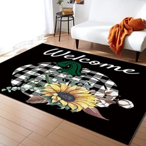 Indoor Area Rugs Thanksgiving Pumpkin Sunflower Non-Slip Floor Mats Plaid Black Rectangular Carpet Soft Washable Rugs for Living Room/Bedroom/Hallway Home Decor - 2x3 Feet