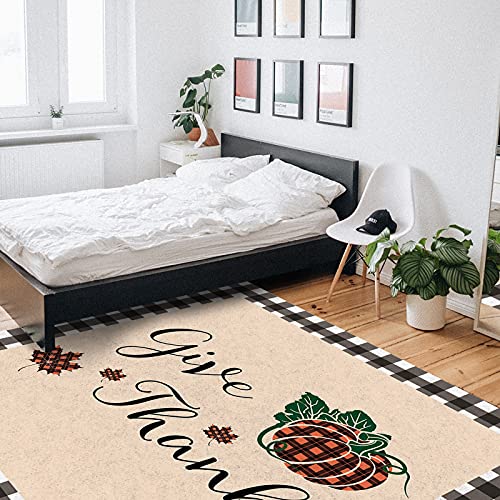 Indoor Area Rugs Thanksgiving Buffalo Pumpkin Fall Leaf Non-Slip Floor Mats Black Check Rectangular Carpet Soft Washable Rugs for Living Room/Bedroom/Hallway Home Decor - 5x7 Feet