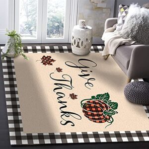 Indoor Area Rugs Thanksgiving Buffalo Pumpkin Fall Leaf Non-Slip Floor Mats Black Check Rectangular Carpet Soft Washable Rugs for Living Room/Bedroom/Hallway Home Decor - 5x7 Feet