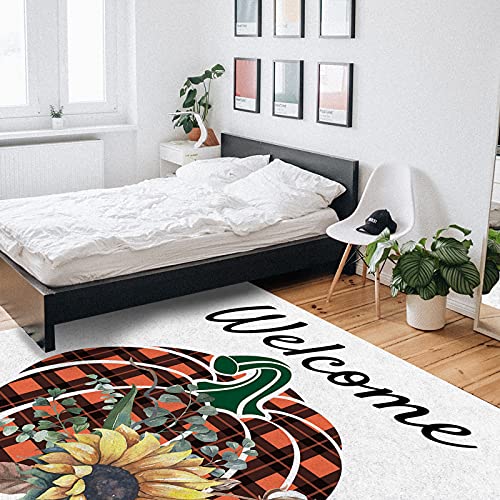 Indoor Area Rugs Thanksgiving Pumpkin Sunflower Grid Non-Slip Floor Mats Orange Black Rectangular Carpet Soft Washable Rugs for Living Room/Bedroom/Hallway Home Decor - 5x7 Feet