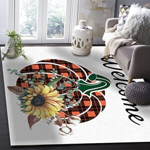 Indoor Area Rugs Thanksgiving Pumpkin Sunflower Grid Non-Slip Floor Mats Orange Black Rectangular Carpet Soft Washable Rugs for Living Room/Bedroom/Hallway Home Decor - 5x7 Feet