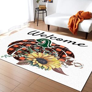 Indoor Area Rugs Thanksgiving Pumpkin Sunflower Grid Non-Slip Floor Mats Orange Black Rectangular Carpet Soft Washable Rugs for Living Room/Bedroom/Hallway Home Decor - 5x7 Feet