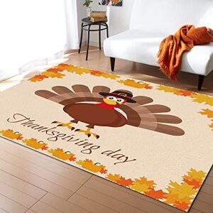 Indoor Area Rugs Thanksgiving Turkey Fall Leaf Pumpkin Non-Slip Floor Mats Yellow Orange Rectangular Carpet Soft Washable Rugs for Living Room/Bedroom/Hallway Home Decor - 5x8 Feet