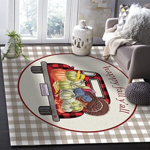 Indoor Area Rugs Thanksgiving Turkey Truck Pumpkin Non-Slip Floor Mats Grey Check Rectangular Carpet Soft Washable Rugs for Living Room/Bedroom/Hallway Home Decor - 2x3 Feet