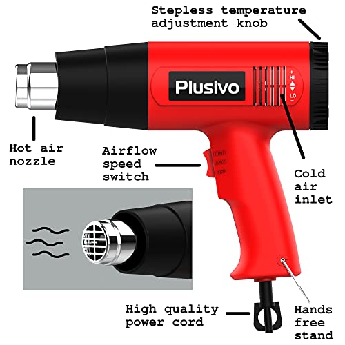 Heat Gun 2000W Fast Heat Heavy Duty Hot Air Gun Adjustable Temperature Control 122~1112℉ (50-600℃) Dual Speed 4 Nozzles for DIY Crafts, Shrinking Tubes, Bending PVC, Stripping Paint from Plusivo