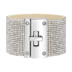 badgley mischka women's bracelet - crystal studded leatherette box clasp bangle cuff wrap wristband, white