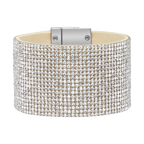 Badgley Mischka Women's Bracelet - Crystal Studded Leatherette Box Clasp Bangle Cuff Wrap Wristband, White