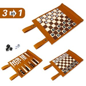 Andux Rollable 3 in 1 Chess Backgammon Board Game Microfiber Portable Chess Set PGSLQ-01(Brown)