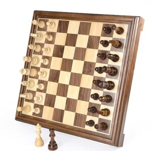 oumoda luxury magnetic wooden chess game set - 15" walnut chess board with stylish chess pieces - 2 extra queens, strap-style elastic rope storage, high end gift, birthday housewarming retirement