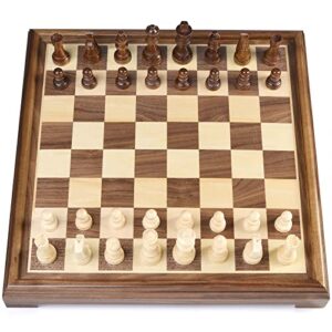 OUMODA Luxury Magnetic Wooden Chess Game Set - 15" Walnut Chess Board with Stylish Chess Pieces - 2 Extra Queens, Strap-Style Elastic Rope Storage, High End Gift, Birthday Housewarming Retirement