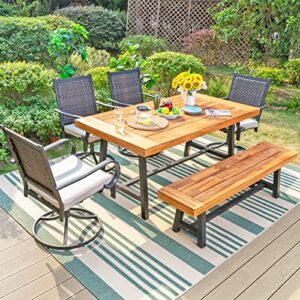 sophia & william 6 pieces patio dining set for 6, 4 pe rattan swivel chairs and 1 rectangular acacia wood table and 1 bench, outdoor table and chairs with cushions, outside furniture for yard porch