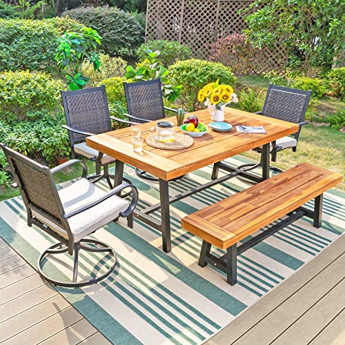 Sophia & William 6 Pieces Patio Dining Set for 6, 4 PE Rattan Swivel Chairs and 1 Rectangular Acacia Wood Table and 1 Bench, Outdoor Table and Chairs with Cushions, Outside Furniture for Yard Porch