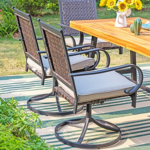 Sophia & William 6 Pieces Patio Dining Set for 6, 4 PE Rattan Swivel Chairs and 1 Rectangular Acacia Wood Table and 1 Bench, Outdoor Table and Chairs with Cushions, Outside Furniture for Yard Porch