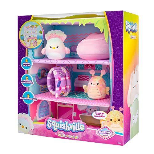 Squishville by Original Squishmallows Blue Seas Inn - Includes Two 2-Inch Squishmallows, Suitcase, Lounger, and Large Playscene - Amazon Exclusive