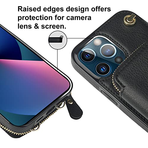 Bocasal Crossbody Wallet Case for iPhone 13 Pro, RFID Blocking Leather Purse Case with Card Holder, Protective Handbag Flip Cover with Zipper Wrist Strap Lanyard for Women 5G 6.1 Inch (Black)