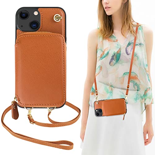 Bocasal Crossbody Wallet Case for iPhone 13, RFID Blocking Leather Purse Case with Card Holder, Protective Handbag Flip Cover with Zipper Wrist Strap Lanyard for Women 5G 6.1 Inch (Brown)