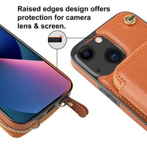 Bocasal Crossbody Wallet Case for iPhone 13, RFID Blocking Leather Purse Case with Card Holder, Protective Handbag Flip Cover with Zipper Wrist Strap Lanyard for Women 5G 6.1 Inch (Brown)