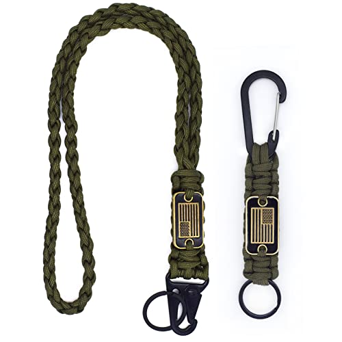 2 Pcs Heavy Duty Braided Paracord Lanyard Keychain with USA Flag, Parachute Rope Necklace Keychains, Braided Strong Lanyard with Metal HK Clip Key Ring for Outdoor Activities, Camera, Traveling