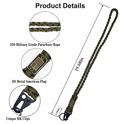 2 Pcs Heavy Duty Braided Paracord Lanyard Keychain with USA Flag, Parachute Rope Necklace Keychains, Braided Strong Lanyard with Metal HK Clip Key Ring for Outdoor Activities, Camera, Traveling