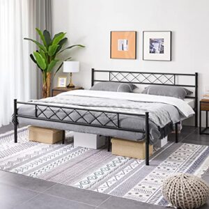 yaheetech king size metal bed platform with headboard and footboard/mattress foundation/under bed storage black