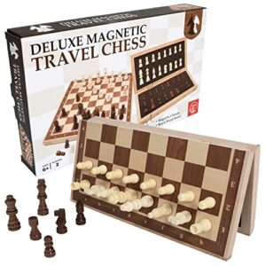 roo games magnetic travel chess - play chess in planes, trains and cars! - magnetic chess board set for kids beechwood board - ages 6+