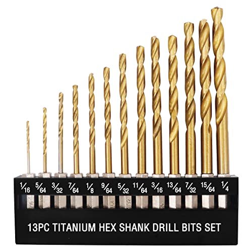 Seamaka 13PCS Hex Shank Titanium Twist Drill Bit Set,1/16"-1/4" High Speed Steel Twist Drill Bit for Wood Plastic Metal O-065